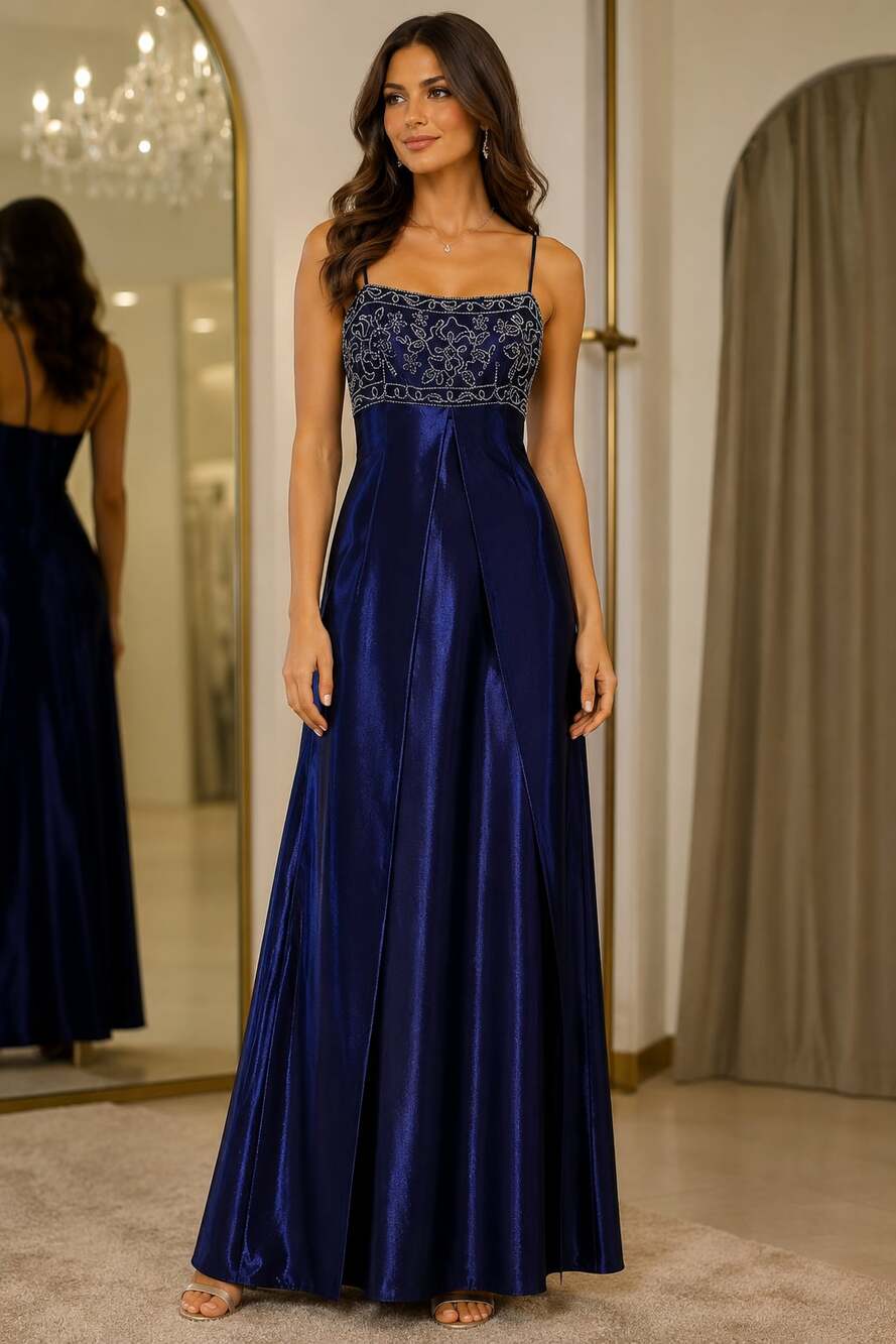 Morgan and Co. by Linda Bernell Vintage Navy Blue Beaded Satin Maxi Prom Dress